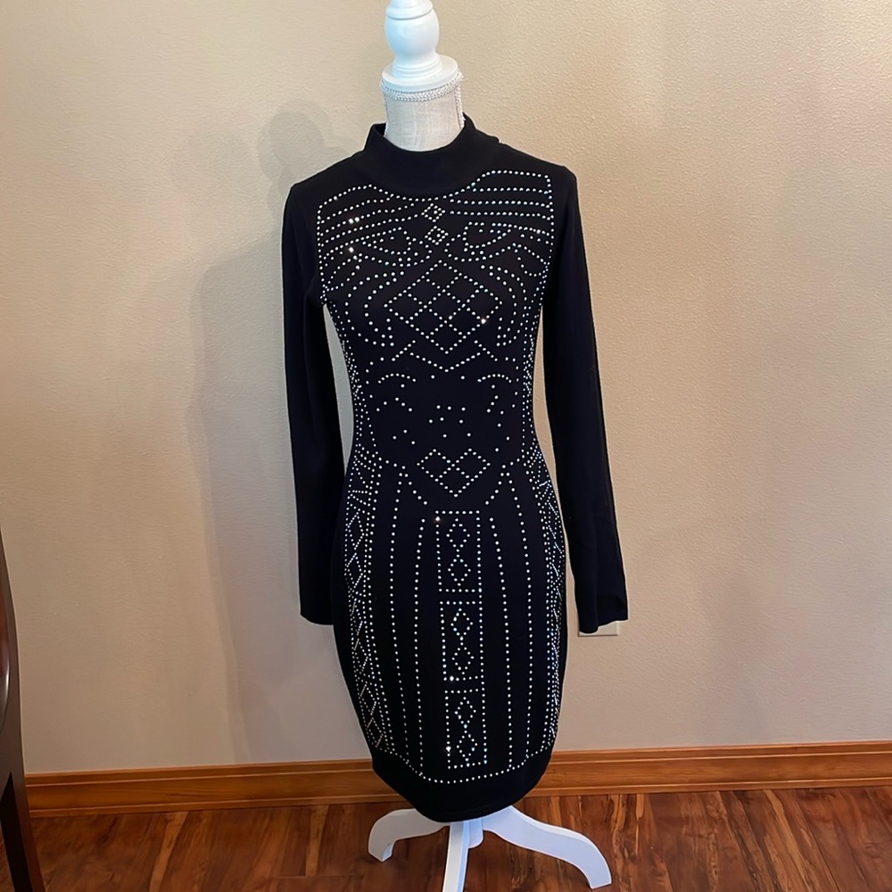 Say What? Womens‎ Fitted Sweater Dress Black W/ Silver Studded Rhinestones sz L